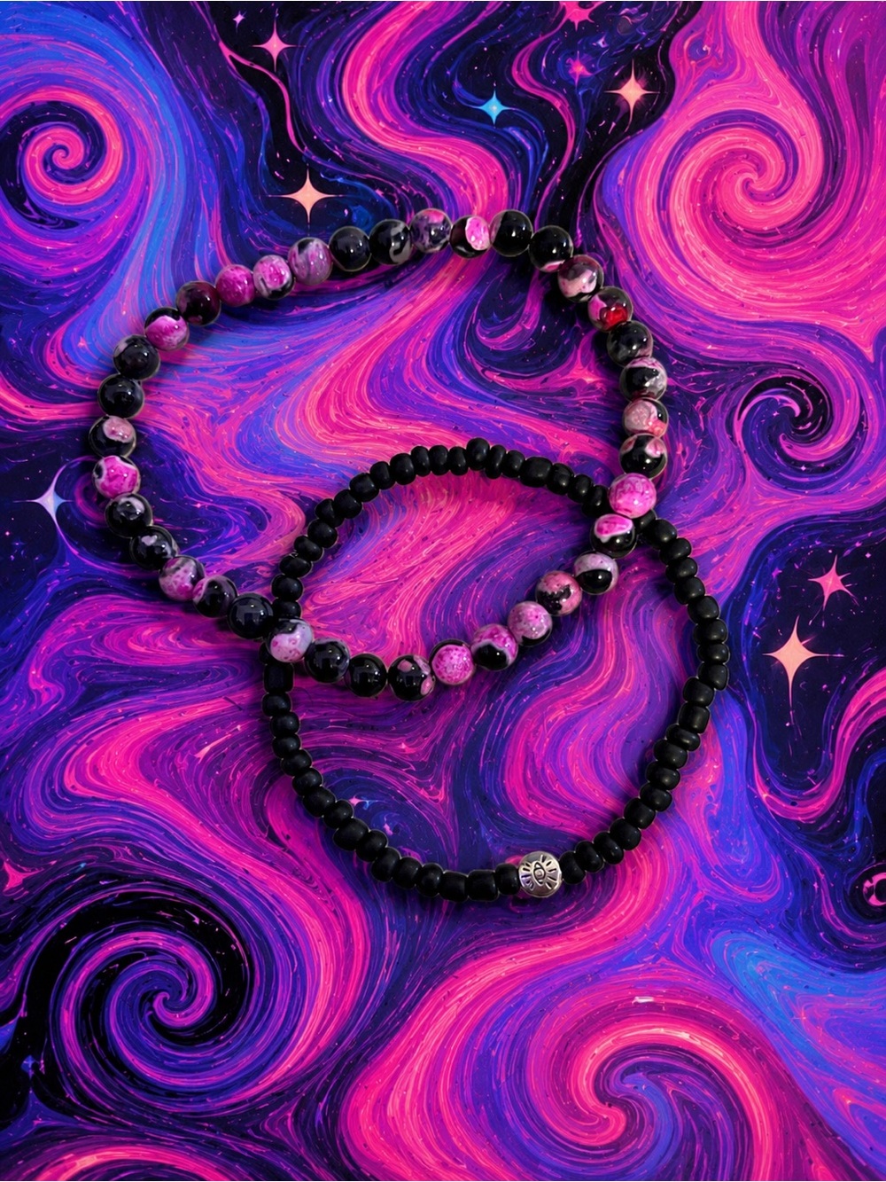 Groovy Galaxy Beaded Bracelet – Pink & Black Psychedelic Hippie Stretch 9”